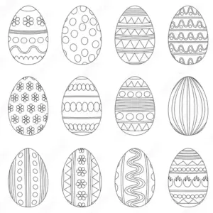 Zwölf schwarz-weiße Ostereier, jedes mit einem einzigartigen dekorativen Muster - perfekt für Osterdeko-Basteln - zeigen Streifen, Punkte, Blumen, Zickzack und Wellen und sind ordentlich in drei Viererreihen auf weißem Hintergrund angeordnet.