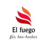 Logo mit drei stilisierten roten und orangefarbenen Flammenformen über dem Text "El fuego" in schwarzer Schrift und "für bar-hocker" in grauer Kursivschrift auf weißem Hintergrund.