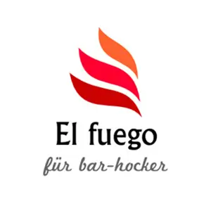 Logo mit drei stilisierten roten und orangefarbenen Flammenformen über dem Text "El fuego" in schwarzer Schrift und "für bar-hocker" in grauer Kursivschrift auf weißem Hintergrund.