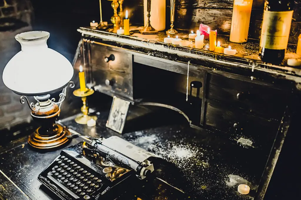 Ein alter Schreibtisch mit einer alten Schreibmaschine, verstreuten Papieren, einer brennenden Öllampe und mehreren brennenden Kerzen. Wachstropfen und Staub bedecken die dunkle Holzoberfläche und schaffen eine stimmungsvolle, geheimnisvolle Atmosphäre.