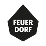 Schwarzes Fünfeck, in dessen Mitte der Schriftzug „FEUER DORF“ in fetten, weißen Großbuchstaben zentriert steht.