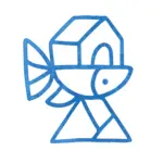 Blaue Strichzeichnung eines Fisches mit einem hausförmigen Körper, einem Schwanz und einer dreieckigen Basis.