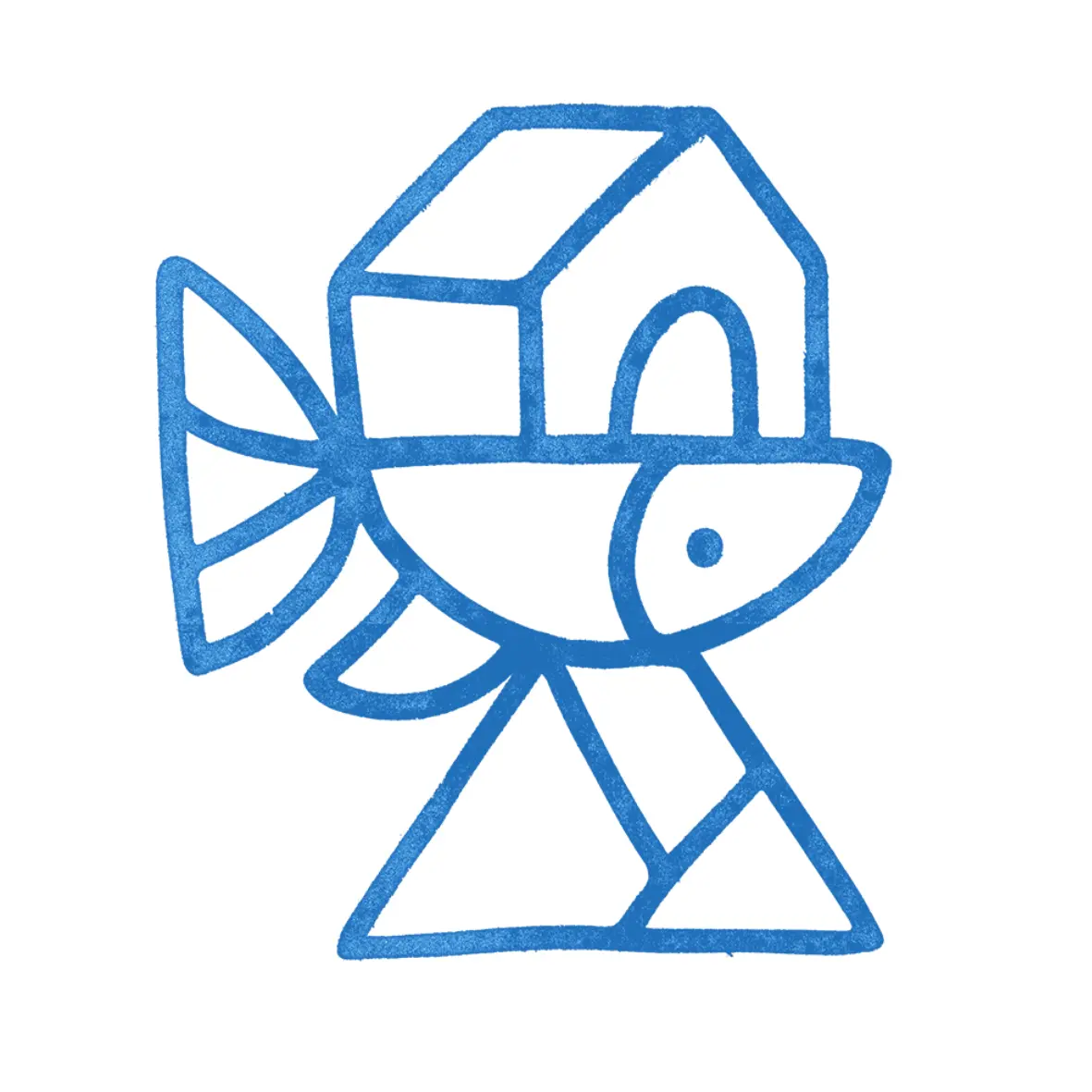 Blaue Strichzeichnung eines Fisches mit einem hausförmigen Körper, einem Schwanz und einer dreieckigen Basis.