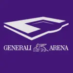 Auf einem violetten Hintergrund befindet sich eine weiße stilisierte Stadiongrafik über dem Text GENERALI ARENA mit einem geflügelten Löwen, der ein Buch zwischen den Worten hält.