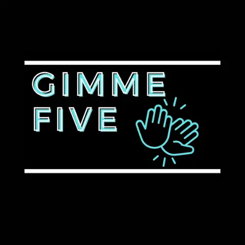 Schwarzer Hintergrund mit dem Schriftzug GIMME FIVE in Neonblau, daneben eine Illustration zweier Hände, die sich die Hände reichen, ebenfalls in Neonblau, mit weißen Linien über und unter dem Text.