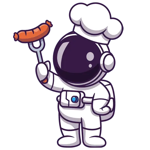 Ein Cartoon-Astronaut mit Kochmütze hält ein gegrilltes Würstchen auf einer Gabel, lächelt und steht stolz in einem weißen Raumanzug mit einem glänzenden Helm, bereit, das Sommerfest in Wien zu feiern.
