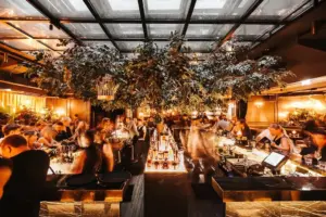 Hannelore Bar Eine lebhafte Bar, in der sich die Gäste unterhalten, mit warmer Beleuchtung, grünen Zweigen über den Köpfen und einer modernen Glasdecke. Flaschen und Gläser säumen den zentralen Barbereich. Bar in meiner Nähe