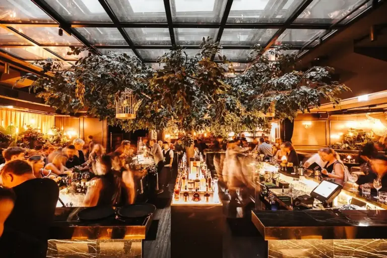 Hannelore Bar Eine lebhafte Bar, in der sich die Gäste unterhalten, mit warmer Beleuchtung, grünen Zweigen über den Köpfen und einer modernen Glasdecke. Flaschen und Gläser säumen den zentralen Barbereich. Bar in meiner Nähe