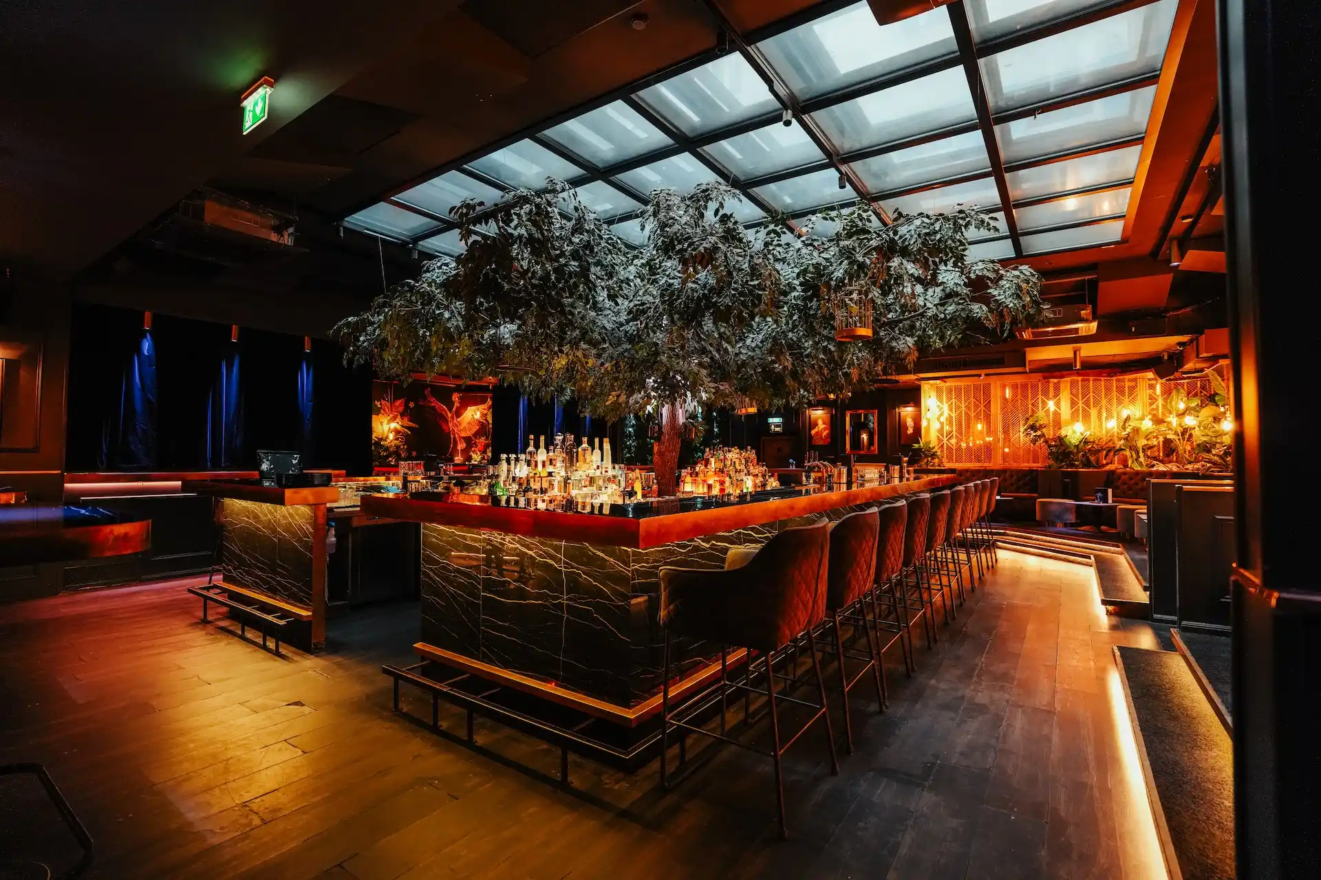 Hannelore Bar Eine stilvolle Bar mit einer großen Theke in der Mitte, umgeben von hohen Stühlen, gedämpfter Beleuchtung, grünen Zweigen über der Theke und ordentlich aufgereihten Flaschen; moderne, gemütliche Atmosphäre.