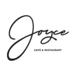 Logo für Joyce Café & Restaurant mit Joyce in großer, eleganter Schreibschrift über kleinerem, groß geschriebenem Text CAFÉ & RESTAURANT auf einem schlichten weißen Hintergrund.
