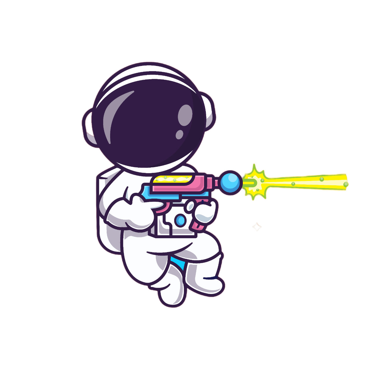 Cartoon-Astronaut in einem Raumanzug, der schwebt und eine bunte Laserpistole abschießt, die einen hellen gelben Strahl aussendet, vor einem schlichten weißen Hintergrund.