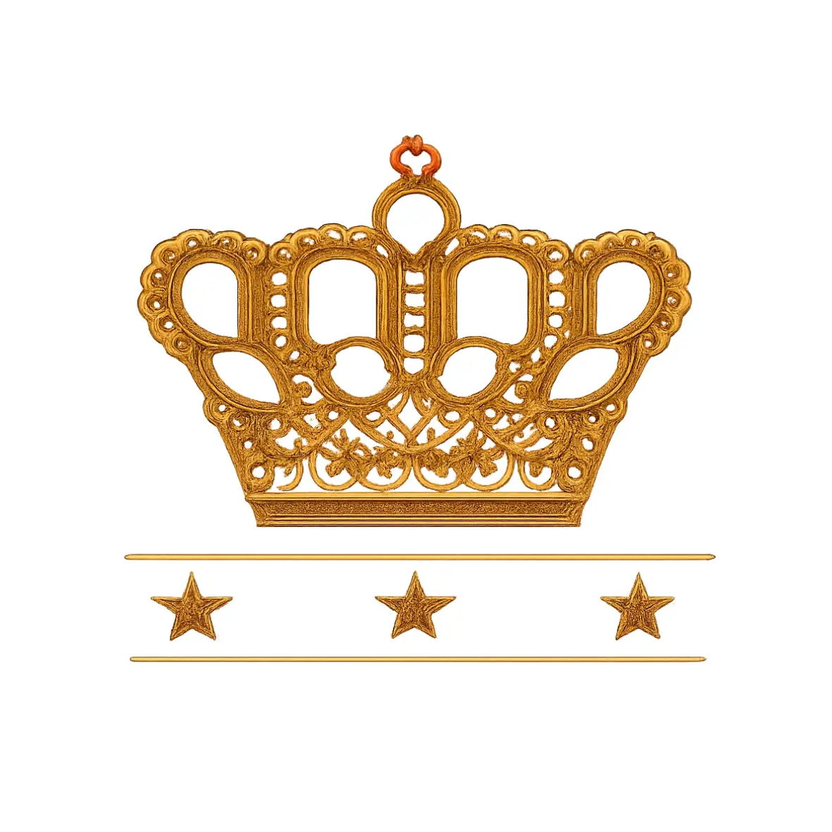Eine kunstvoll verzierte goldene Kaiserkrone über drei goldenen Sternen, zentriert zwischen zwei horizontalen Linien.