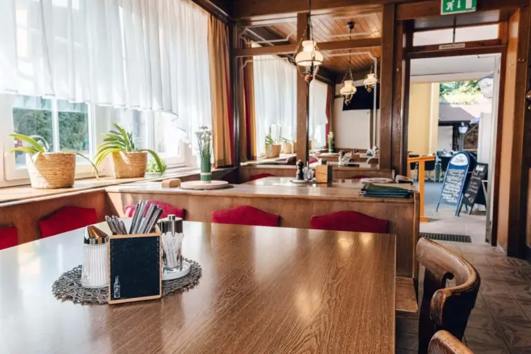 Ein gemütliches Restaurant mit Holztischen und -stühlen, rot gepolsterten Bänken, großen Fenstern mit transparenten Vorhängen, Topfpflanzen und alten Hängelampen. Sonnenlicht strömt herein und unterstreicht die einladende, aufgeräumte Atmosphäre.