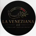Rundes Logo für das italienische Restaurant La Veneziana 2.0 mit dem Umriss einer Gondel, einem Olivenzweig und einem Bogen aus der italienischen Flagge.