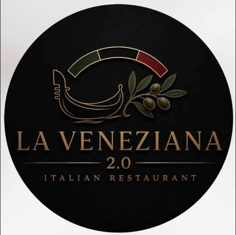 Rundes Logo für das italienische Restaurant La Veneziana 2.0 mit dem Umriss einer Gondel, einem Olivenzweig und einem Bogen aus der italienischen Flagge.