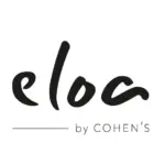 Logo mit dem Wort eloa in einer fetten, kursiven Schrift über einer horizontalen Linie, gefolgt von dem Text by COHENS in Großbuchstaben auf weißem Hintergrund.