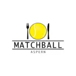 Logo mit einem Tennisball zwischen einer Gabel und einem Messer, mit dem Wort "MATCHBALL" in Fettdruck darunter und "ASPERN" in kleinerer Schrift darunter, alles auf weißem Hintergrund.