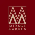 Logo mit einem großen, stilisierten goldenen „M“ in einem quadratischen Rahmen über dem Schriftzug „MIRAGE GARDEN“ in Gold auf dunkelrotem Hintergrund.
