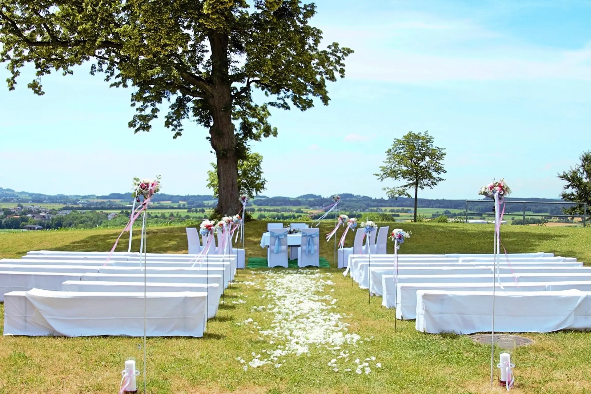 Eine Hochzeit im Freien auf einem grasbewachsenen Rasen mit weiß gedeckten Bänken, die in Reihen vor einem Altar angeordnet sind. Der Gang ist mit Blumenblättern und dekorativen Ständern gesäumt, im Hintergrund stehen Bäume und eine malerische Landschaft.