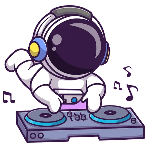 Ein Cartoon-Astronaut mit Helm und Kopfhörern legt an einem Mischpult auf, umgeben von Musiknoten, und erweckt die Stimmung des Sommerfestes in Wien vor einem lila Hintergrund zum Leben.