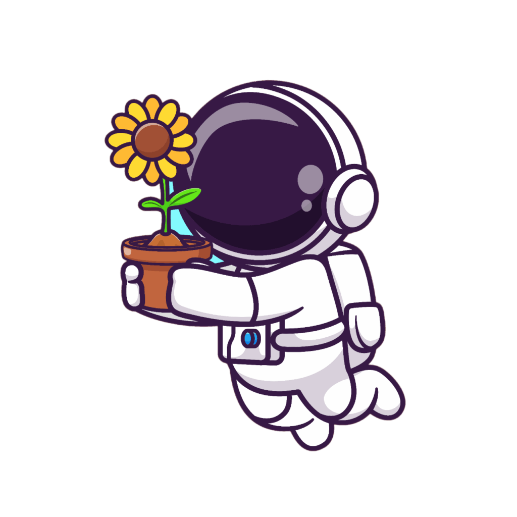 Ein Cartoon-Astronaut, der im Weltraum schwebt und einen braunen Blumentopf hält, aus dem eine gelbe Sonnenblume blüht, auf einem schlichten weißen Hintergrund - perfekt, um den Muttertag in Wien auf einzigartige, skurrile Weise zu feiern.