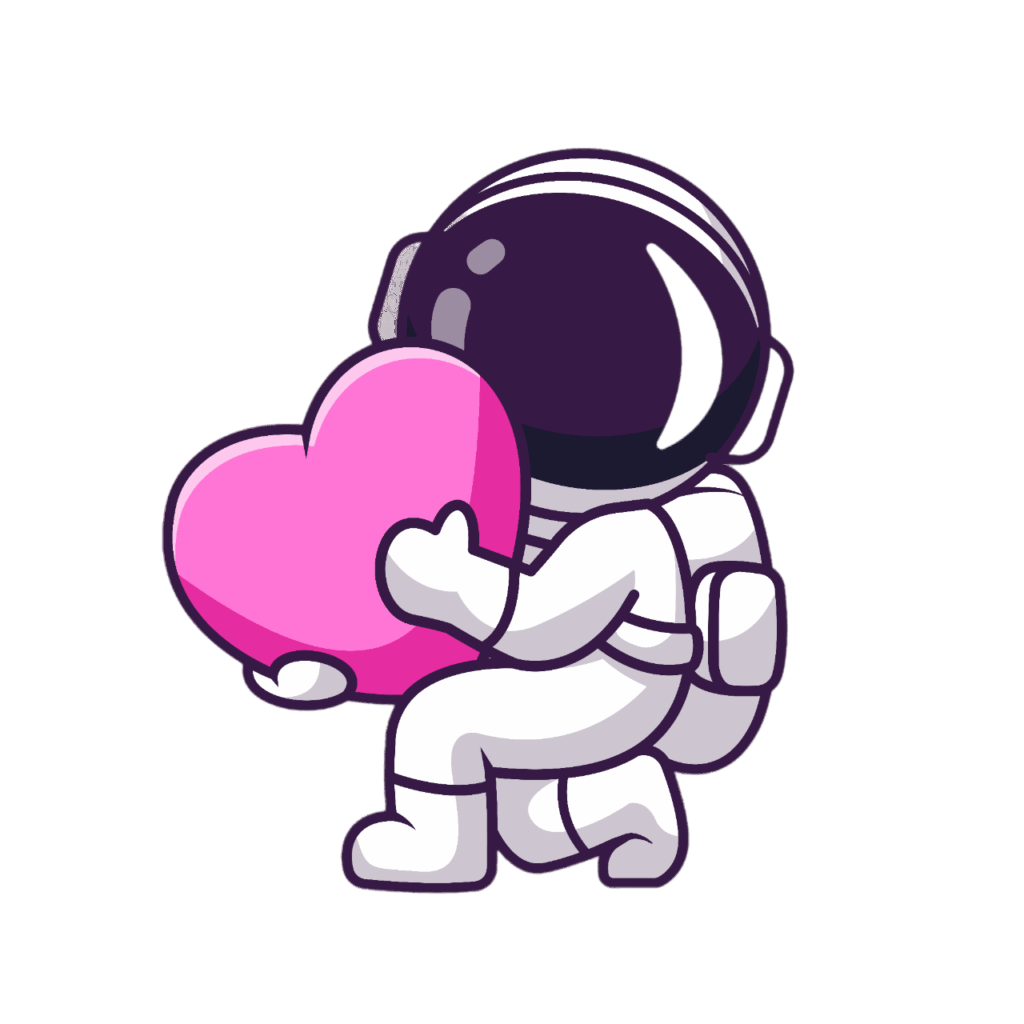 Ein Cartoon-Astronaut, der kniet und ein großes rosa Herz umarmt, perfekt für den Muttertag Wien, mit einem weißen Hintergrund.