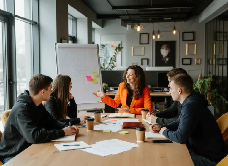 Eine Frau in einem orangefarbenen Blazer führt eine Diskussion mit vier jungen Erwachsenen um einen Tisch in einem modernen Büro - eine inspirierende Szene, die von der Eventagentur THE MOMENTS organisiert werden könnte. Papiere, Notizbücher und Kaffeetassen liegen verstreut auf dem Tisch, ein Flipchart steht daneben.