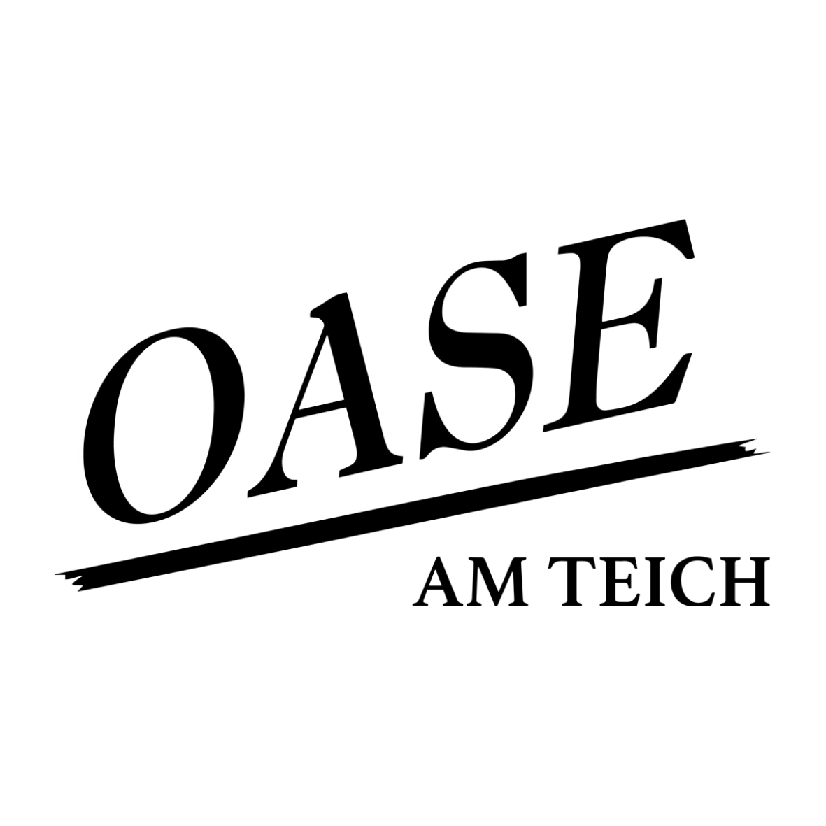 Textlogo mit dem Schriftzug „OASE“ in großen, geneigten Buchstaben über einer fetten, schrägen Linie und dem Schriftzug „AM TEICH“ in kleinerer Schrift unterhalb der Linie. Schwarzer Text auf weißem Hintergrund.