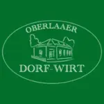 Logo mit einer einfachen Strichzeichnung eines von Bäumen umgebenen Hauses, das von einem Oval umschlossen ist. Der Text OBERLAaER DORF-WIRT steht oberhalb und unterhalb des Hauses in weißer Schrift auf grünem Hintergrund.