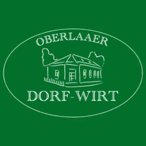 Logo mit einer einfachen Strichzeichnung eines von Bäumen umgebenen Hauses, das von einem Oval umschlossen ist. Der Text OBERLAaER DORF-WIRT steht oberhalb und unterhalb des Hauses in weißer Schrift auf grünem Hintergrund.