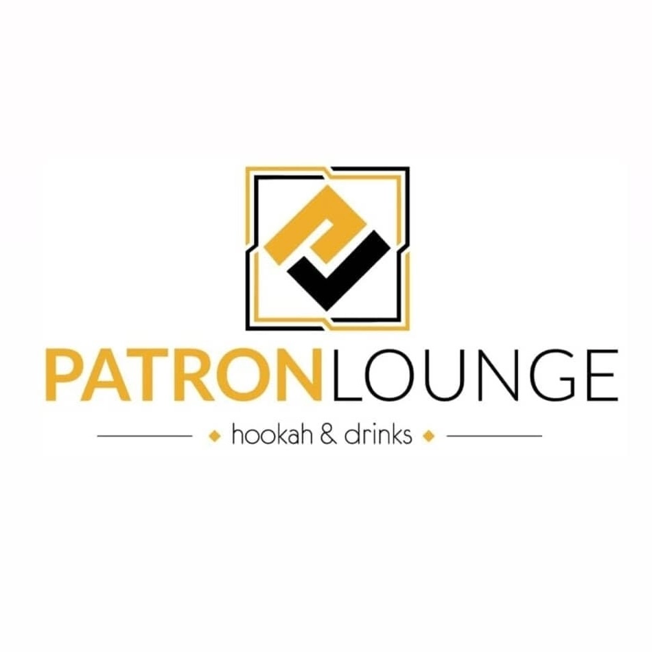 Logo für die Patron Lounge mit einem geometrischen Symbol, dem Schriftzug PATRON LOUNGE und dem Untertitel Hookah & Drinks.