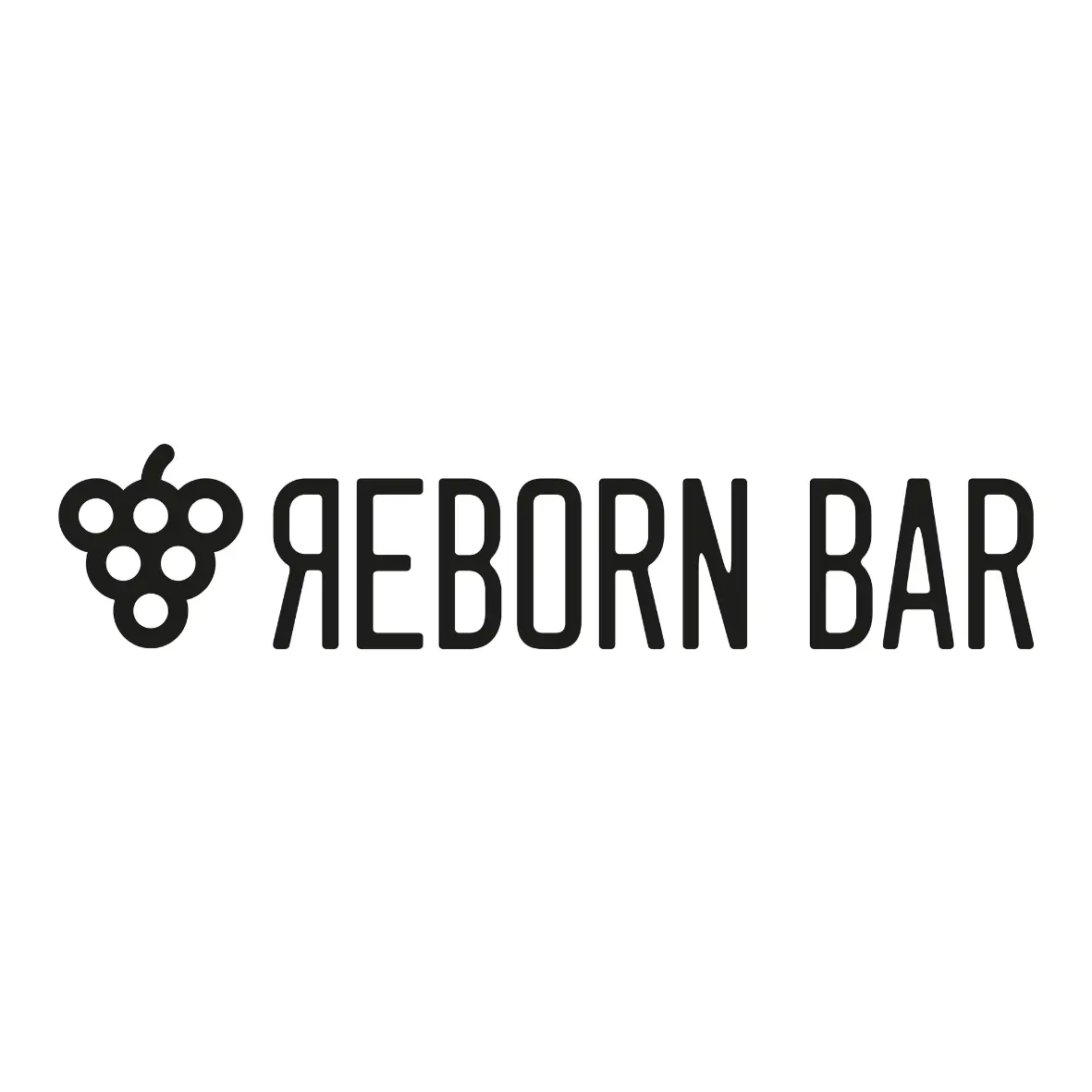 Logo mit einer Traubenrispe links, gefolgt vom Schriftzug „REBORN BAR“ in fetten, modernen Großbuchstaben.