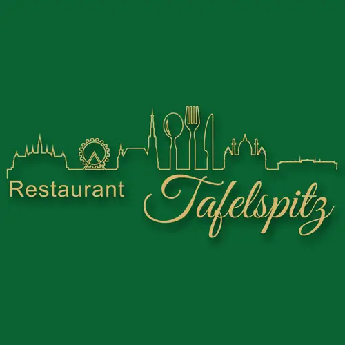 Logo für das Restaurant Tafelspitz mit einer gelben Stadtsilhouette mit Utensilienformen, dem Wort Restaurant in Blockbuchstaben und Tafelspitz in Schreibschrift, alles auf grünem Hintergrund.