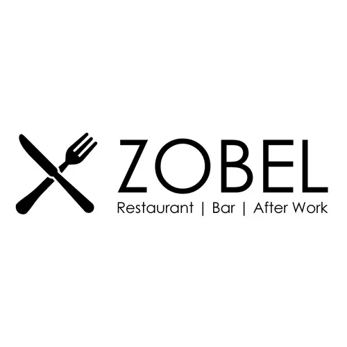Logo für Zobel Restaurant Bar After Work, mit einer schwarzen gekreuzten Gabel und einem Messer neben dem Text ZOBEL und darunter in kleinerer Schrift Restaurant | Bar | After Work.