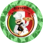 Logo mit einem lächelnden Koch, der eine Pizza in der Hand hält, mit einer italienischen Flagge im Hintergrund, einem roten Band mit der Aufschrift RISTORO und grünen Blättern, die das kreisförmige Design umgeben.