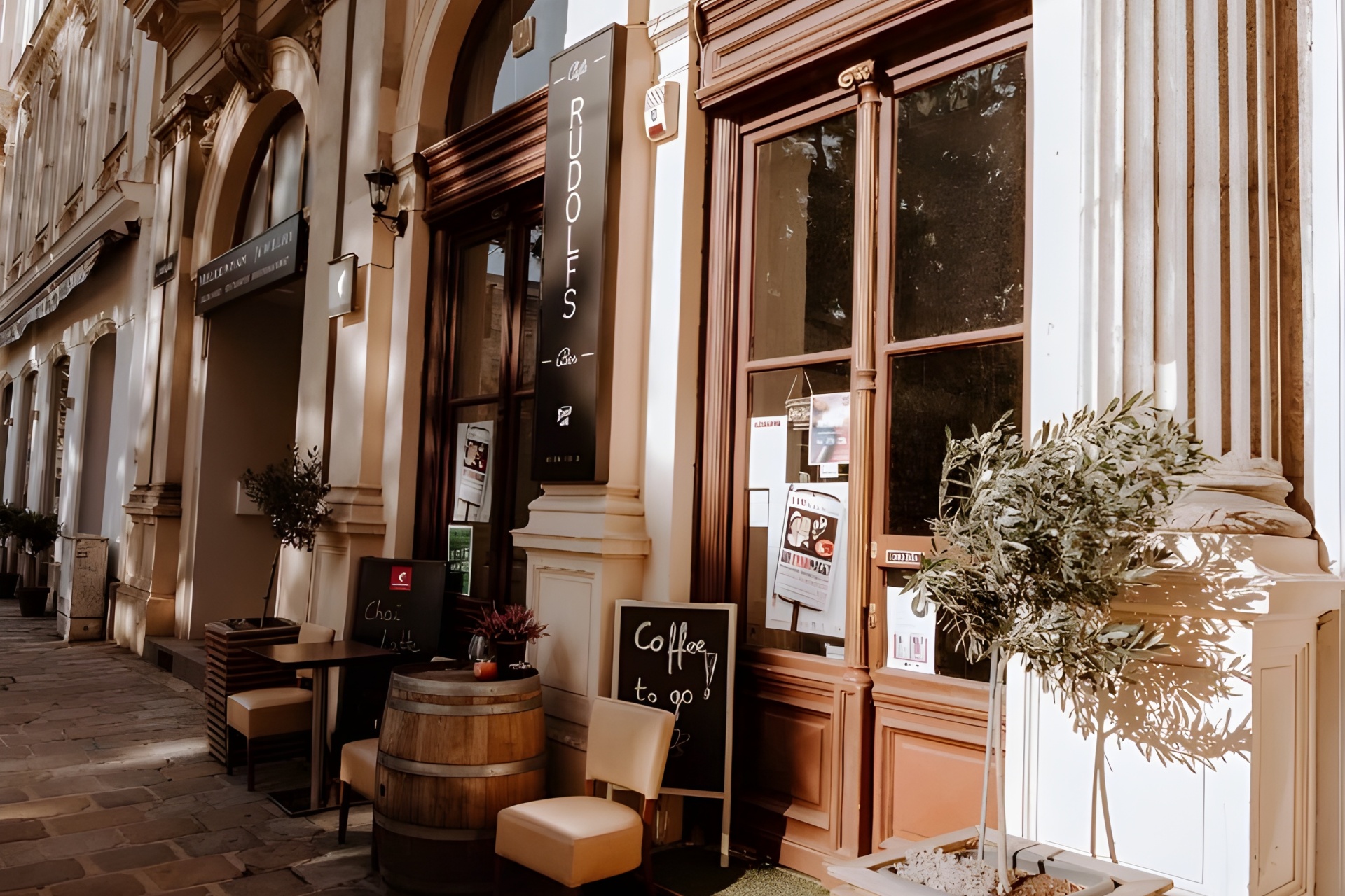 Ein gemütliches Café mit gewölbten Fenstern und Türen, Sitzgelegenheiten im Freien mit kleinen Tischen und Stühlen, Topfpflanzen und Kreideschildern mit der Aufschrift "Coffee to go" an einer sonnigen, gepflasterten Straße.