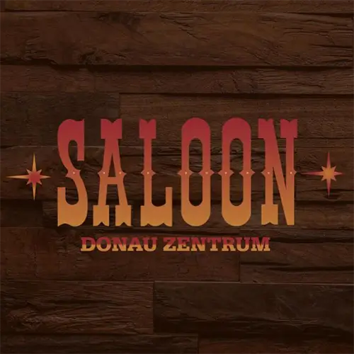 Der Text lautet SALoon in großen westlichen Buchstaben und DONAU ZENTRUM in kleinerer Schrift darunter, auf einem dunklen Holzhintergrund mit zwei Sterngrafiken auf jeder Seite.