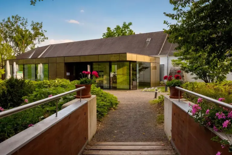 Ein modernes gläsernes Gebäude mit einem schrägen Dach ist von grünen Sträuchern und Bäumen umgeben. Eine kleine Holzbrücke mit Blumen in Töpfen führt unter blauem Himmel zum Eingangsweg.