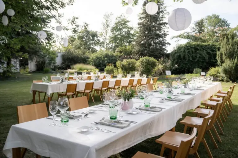 Lange, mit weißen Tischtüchern bedeckte Tische sind mit Gläsern und Besteck in einem üppigen Garten gedeckt. Um die Tische herum stehen Holzstühle, und über dem Tisch hängen weiße Papierlaternen, die für eine festliche Atmosphäre beim Essen im Freien sorgen.