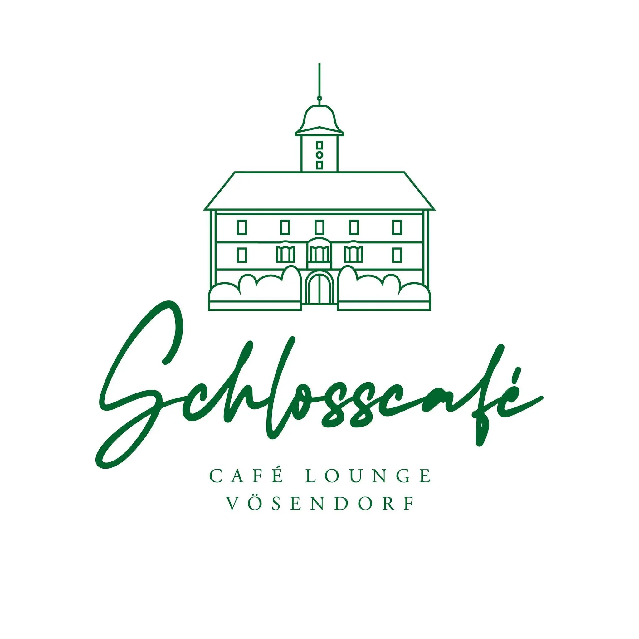 Eine grüne Strichzeichnung eines historischen Gebäudes mit einem Turm über dem handgeschriebenen Wort "Schlosscafé" und dem Text "Café Lounge Vösendorf" darunter, alles auf weißem Hintergrund.