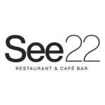 Logo für See22 Restaurant & Café Bar mit See22 in großen fetten Buchstaben oben und RESTAURANT & CAFÉ BAR in kleineren Großbuchstaben darunter auf weißem Hintergrund.