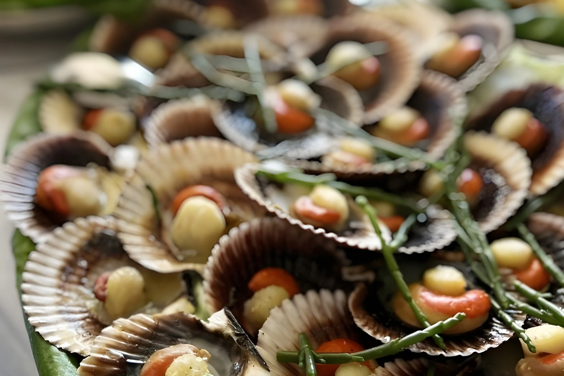 Nahaufnahme mehrerer offener Muschelschalen, gefüllt mit weißen und orangefarbenen Jakobsmuscheln, garniert mit grünem Meeresspargel, angeordnet auf einem großen grünen Blatt.