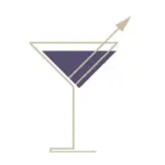 Minimalistische Illustration eines Martini-Glases mit einer violetten Flüssigkeit darin und einer Olive auf einem Zahnstocher, die als Pfeil dargestellt ist, der das Glas in einem Winkel durchsticht.