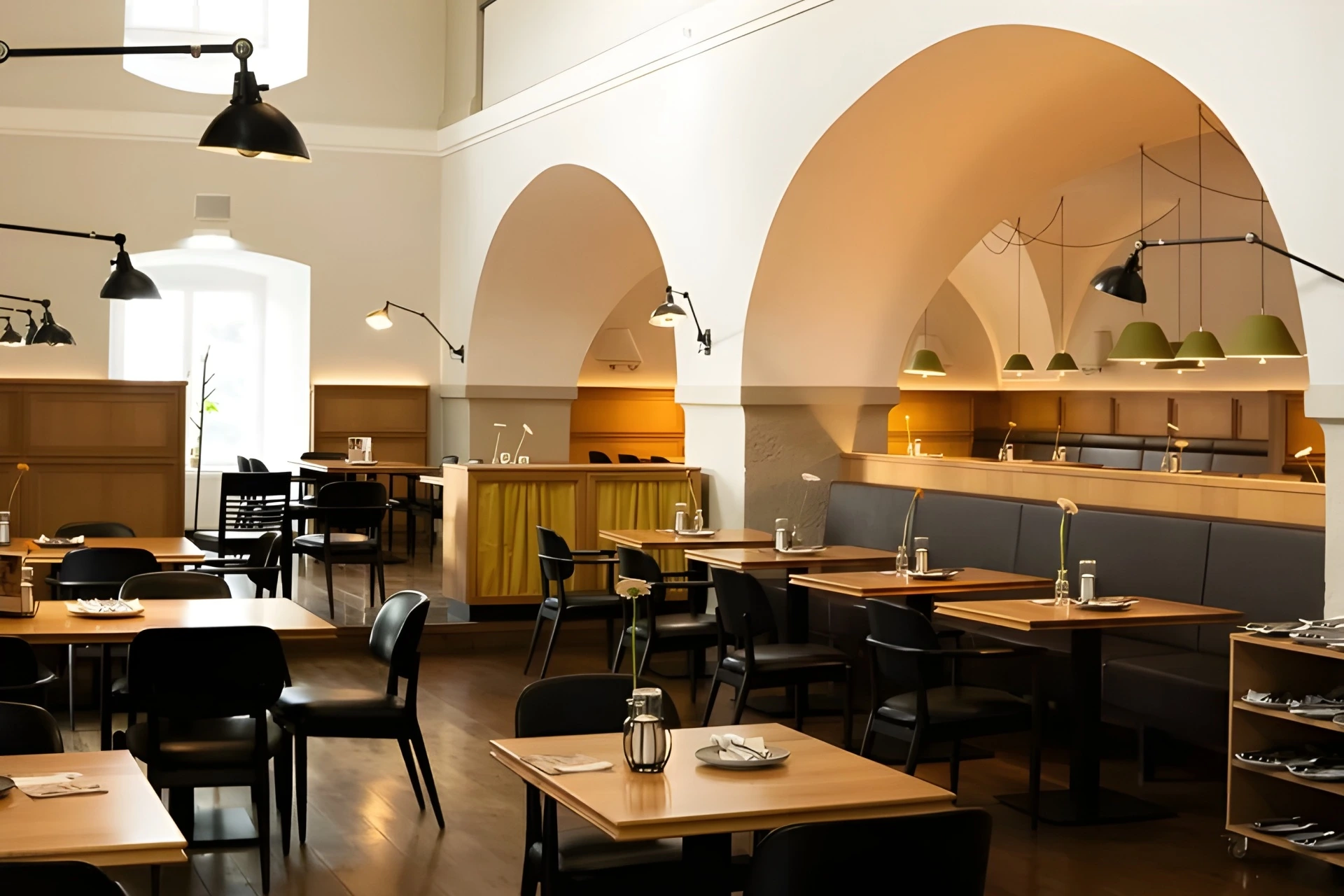 Ein modernes Restaurantinterieur mit gewölbten Decken, Holztischen, schwarzen Stühlen, Pendelleuchten und Gedecken. Der Raum ist hell mit natürlichem und künstlichem Licht und bietet eine offene, einladende Atmosphäre.