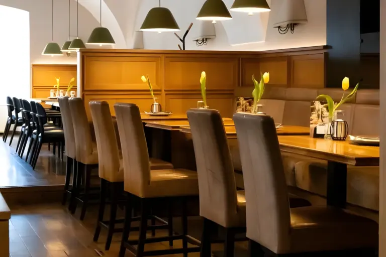 Ein modernes Restaurant mit Holztischen, hellbraunen gepolsterten Stühlen, grünen Hängeleuchten und einzelnen gelben Tulpen in Vasen auf jedem Tisch. Der Raum wirkt sauber und einladend mit weichem, natürlichem Licht.