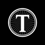 Ein fetter, weißer Großbuchstabe T befindet sich in der Mitte eines schwarzen Kreises mit weißen Radiallinien und einem doppelten weißen Rand vor einem soliden schwarzen Hintergrund.