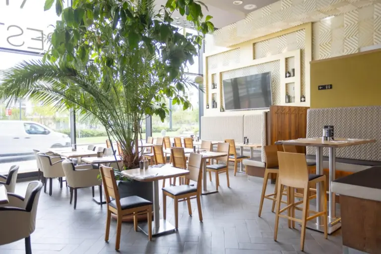 Ein modernes, helles Restaurant mit Holztischen und -stühlen, einer großen Grünpflanze, großen Fenstern, die natürliches Licht hereinlassen, und einem Fernseher an einer stilvollen Wand.