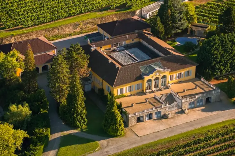 Vitikultur Moser Luftaufnahme einer großen gelben Villa mit einem zentralen Innenhof, umgeben von Weinbergen und Bäumen. Das Anwesen verfügt über eine große Treppe, Terrassen und mehrere Nebengebäude inmitten einer üppigen, grünen Landschaft.
