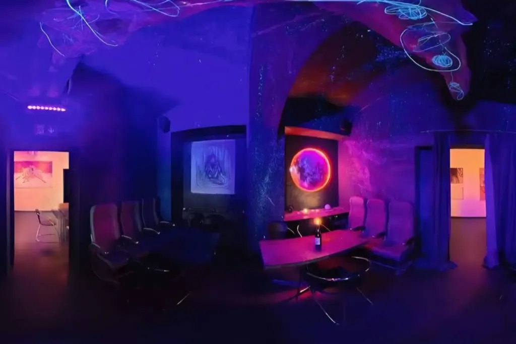 Ein futuristischer, schwach beleuchteter Raum mit neonlila und blauer Beleuchtung, mit modernen Stühlen um Tische herum, einer leuchtenden, kreisförmigen Wandkunst und abstrakten Dekorationen, die eine Sci-Fi-Atmosphäre schaffen, in die man eintauchen kann.