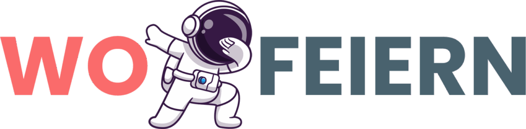 Ein Cartoon-Astronaut in Tupfen-Pose steht zwischen den fettgedruckten Wörtern "WO" in Rot und "FEIERN" in Dunkelgrau auf einem hellen Hintergrund.